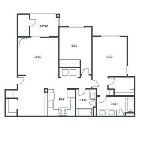 Floor plan for 2 beds, 2 baths, 1010 sqft